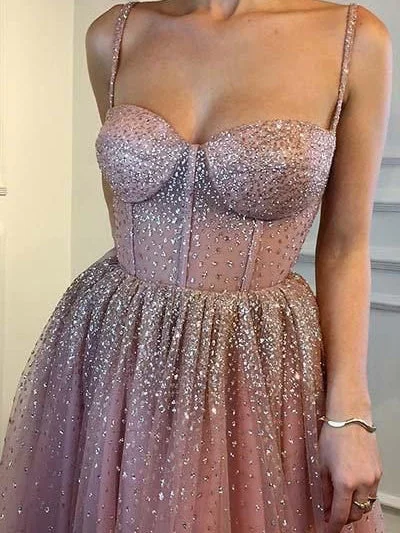 Super Deal Sparkly Prom Dresses Spaghetti Straps Aline Tulle Long Chic Prom Dress JKL937