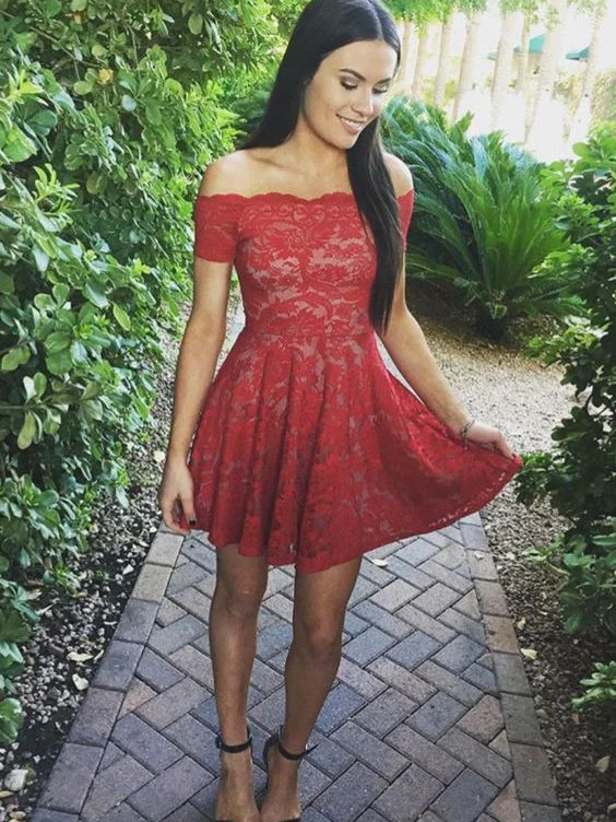 Price Drop Red Homecoming Dress A-line Off-the-shoulder Short Mini Dress Lace Prom Dress Party Dress JK486