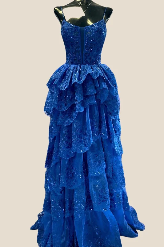 Massive Deals ruched dressStraps Royal Blue Appliques Ruffles Long Formal Dress