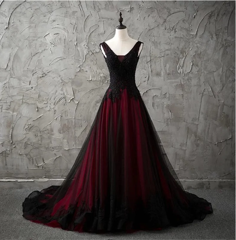 casual dressGothic V-Neck Sleeveless Black and Red Wedding Dresses Lace Appliques Beading Country Chic Wedding Dresses Low Back Wedding Y1461