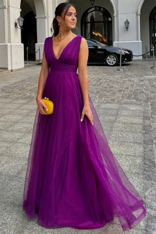 puff sleeve dressA-line V-neck Strap Sleeveless Floor-length Prom Dress Y1891