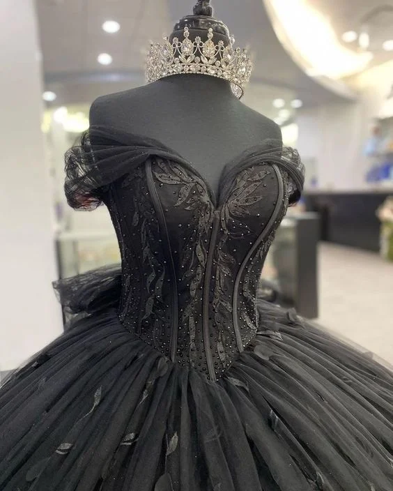 wool dressBlack Quinceañera Dress,Black Ball Gown,Sweet 16 Dress Y1447