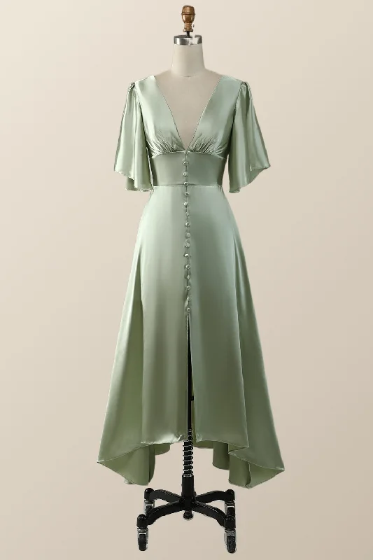 Sneak Peek Sale stylish party dressFlare Sleeves Green Empire Midi Bridesmaid Dress Sneak Peek Sale stylish party dressFlare Sleeves Green Empire Midi Bridesmaid Dress