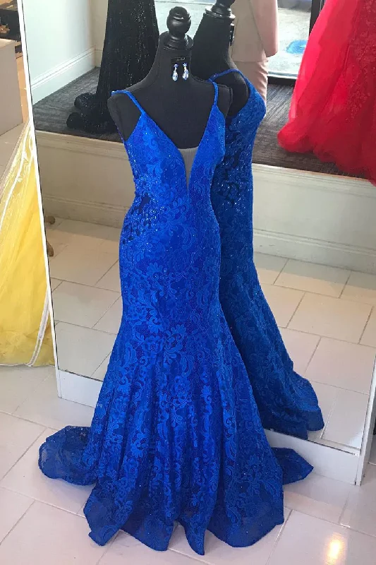 Major Savings long-sleeve floral dressElegant V Neck Mermaid Royal Blue Long Lace Prom Dress Y1200