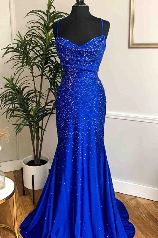 Season Finale Sale casual day dressRoyal Blue Beaded Cowl Neck Mermaid Long Prom Dress Y1000