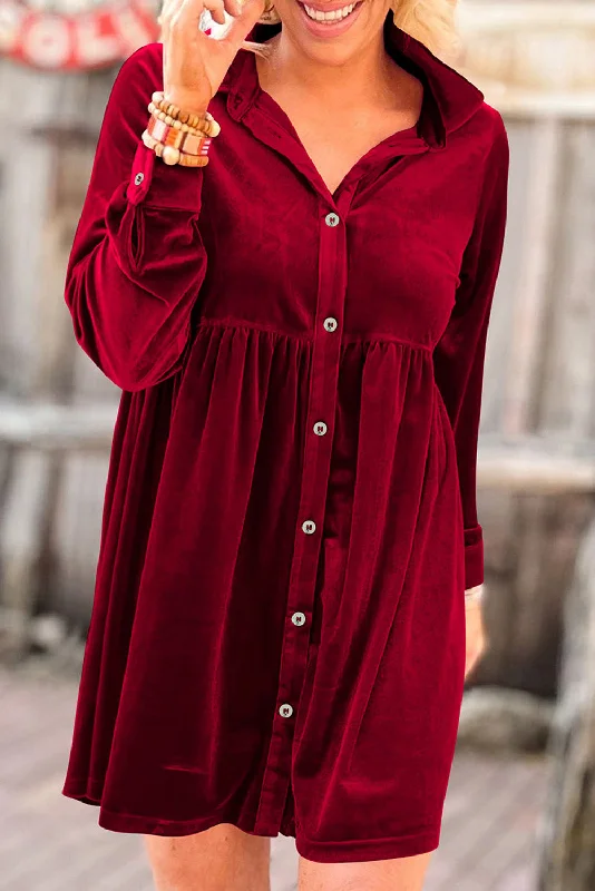 Don't Miss Fiery Red Long Sleeve Ruffle Velvet Button Up Dress