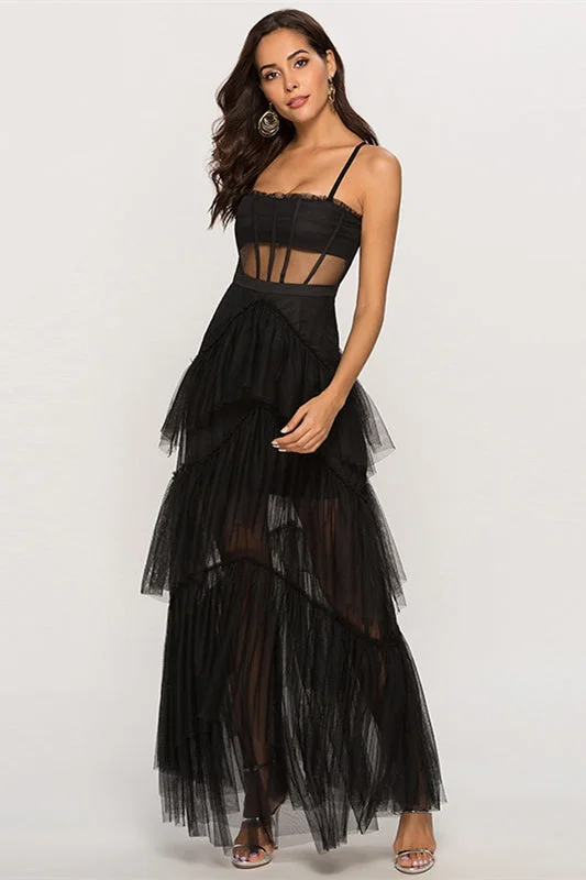 Clearance Sale wool dressStraps Black Tulle Ruffled Long Maxi Dress