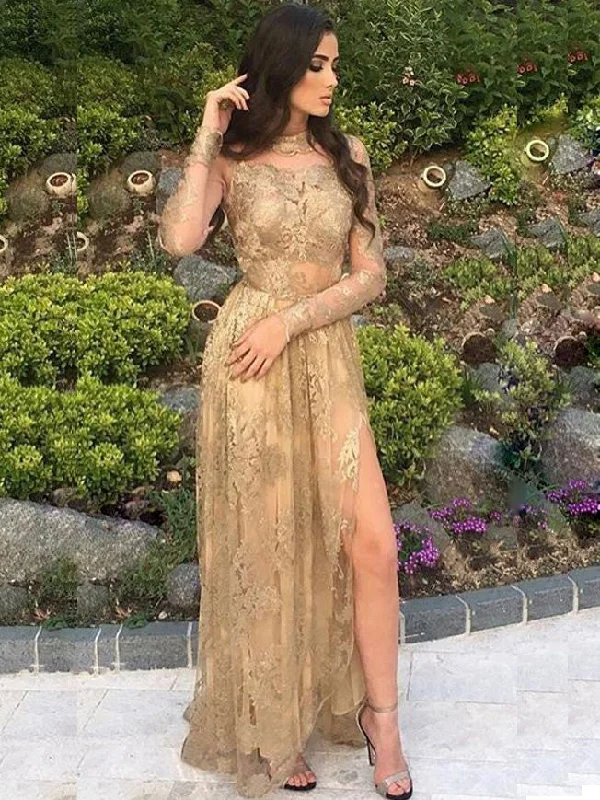Shop and Save Long Sleeve Prom Dresses High Neck Silt Long Prom Dress/Evening Dress JKS084