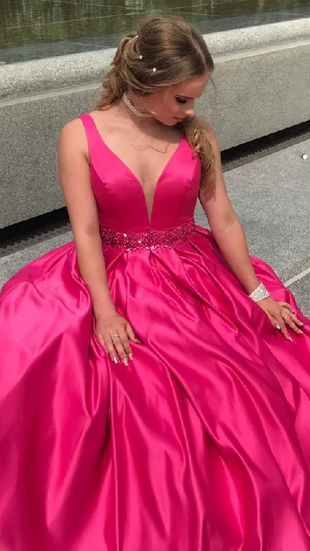 fitted cocktail dressA Line V Neck Fuchsia Long Prom Dresses,Graduation Dress Y1671