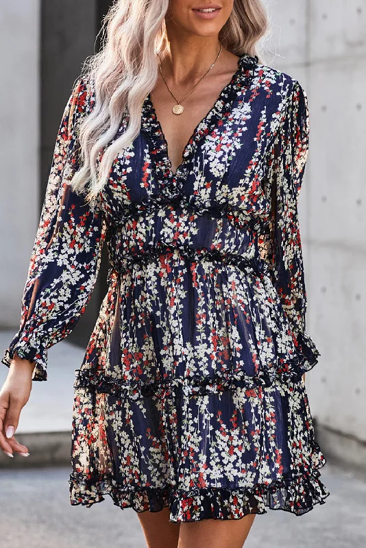 Deep Discounts Blue Ruffle Detailing Open Back Floral Dress