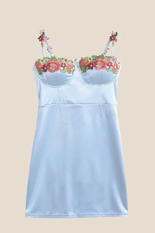 Extra Savings one-shoulder dressSpaghetti Straps Blue 3D Floral Mini Dress