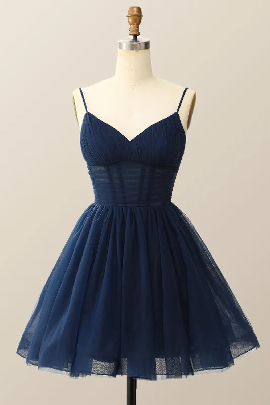 Mega Sale casual evening dressStraps Navy Blue Pleated A-line Homecoming Dress