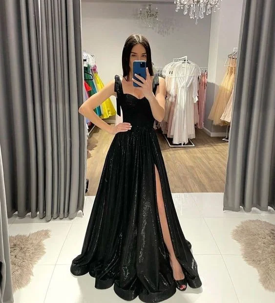 chic dressA-line Black Floor Length Prom Dress,Graduation Dress For Teens Y1493