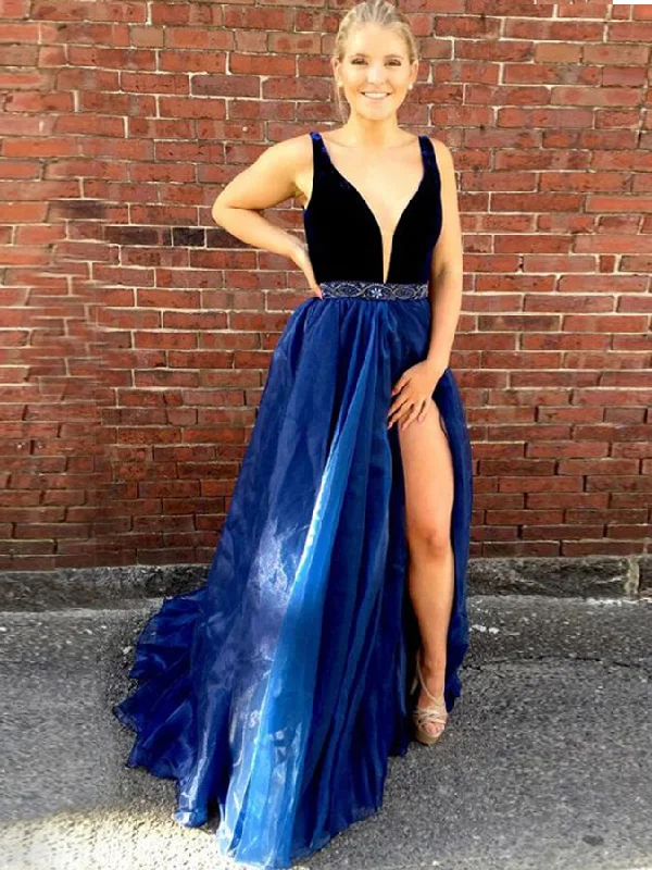 Flash Deals Slit Prom Dresses A-line Straps Velvet Rhinestone Royal Blue Organza Prom Dress JKL613