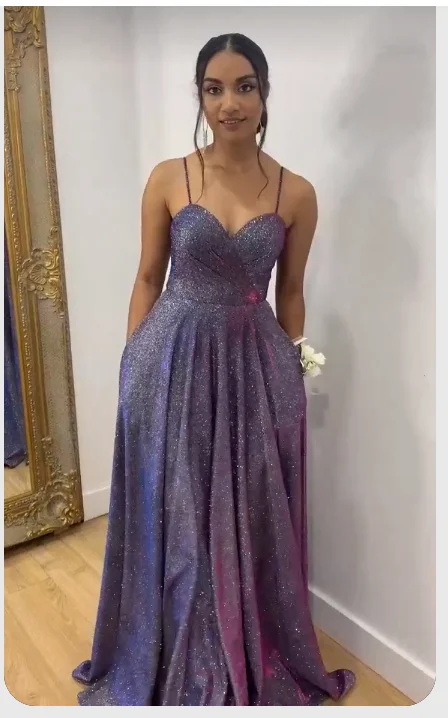 Customer Appreciation Sale long sleeve dressSpaghetti Straps Sparkly Purple Ruched Prom Dress with Pockets Y341 Customer Appreciation Sale long sleeve dressSpaghetti Straps Sparkly Purple Ruched Prom Dress with Pockets Y341