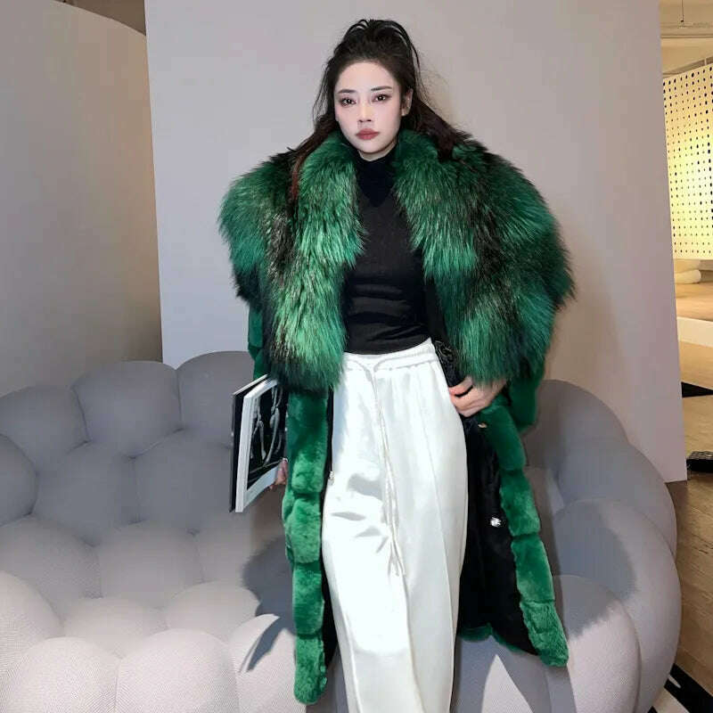 cozy wool-blend coat2023 New Winter Women Real Rex Rabbit Fur Coat Long Luxury Jacket with Super Large Raccoon Fur Collar Ladies Fashion Overcoat