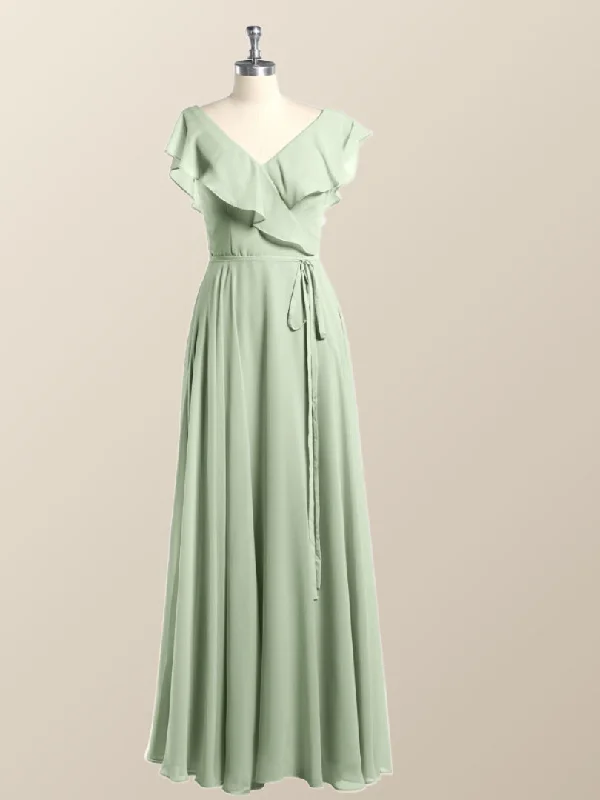 Huge Discounts flowy dressRuffles V Neck Sage Green Chiffon Long Bridesmaid Dress