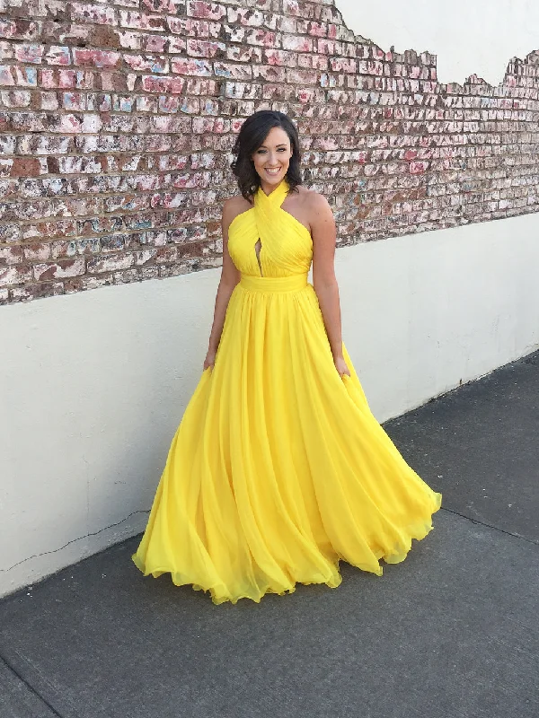 Fantastic Offers Long Prom Dresses Halter Daffodil A-line Prom Dress Sexy Evening Dress JKL746