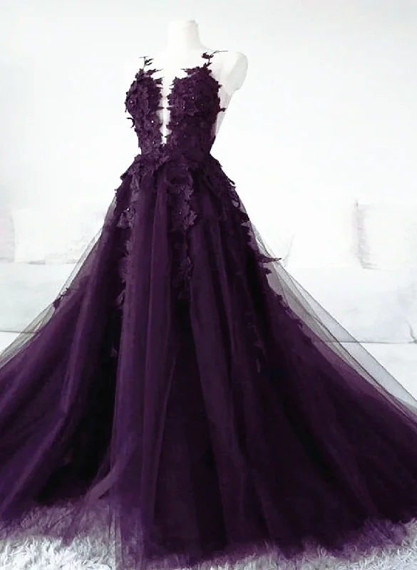 playful dressPurple Tulle With Lace Applique Long Prom Dress Purple Formal Dress Y1866