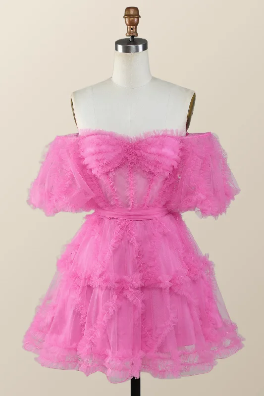 Price Fest boho dressOff the Shoulder Hot Pink Ruffles Short A-line Homecoming Dress Price Fest boho dressOff the Shoulder Hot Pink Ruffles Short A-line Homecoming Dress