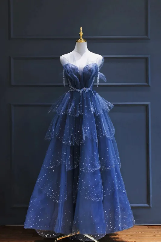 casual dressBlue Tulle Beaded Long A-line Prom Dress Y1547