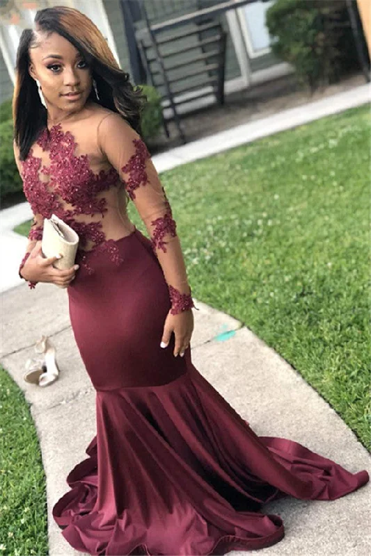 Take Advantage Long Sleeves Round Collar Mermaid Prom Dress Burgundy Applique Long Chiffon