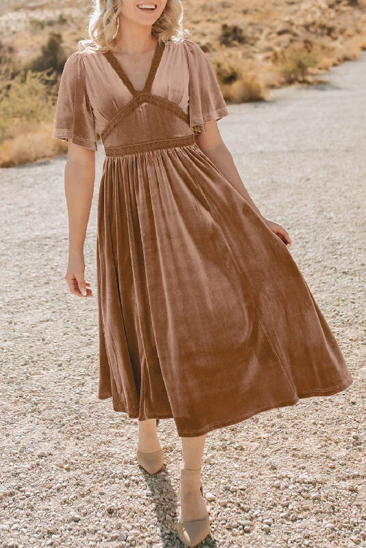 Crazy Deals Chestnut Velvet Lacy V Neckline Short Sleeve Empire Waist Flowy Maxi Dress