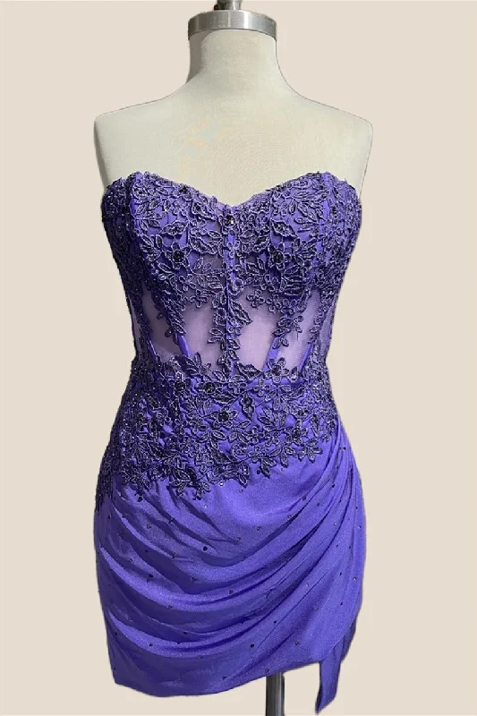 Price Cut chic shift dressSweetheart Purple Appliques Ruched Short Dress