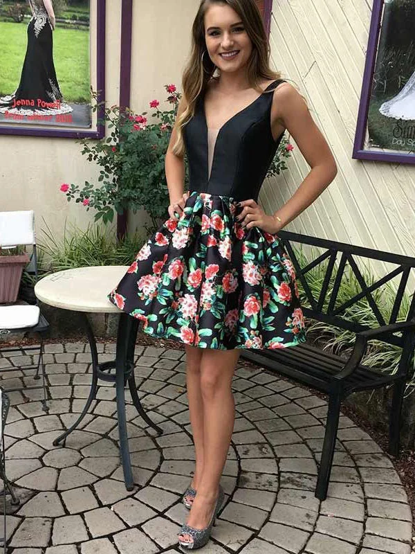 Limited Edition Little Black Dress Floral Print Homecoming Dresses Short Prom Dress Party Dress JK754