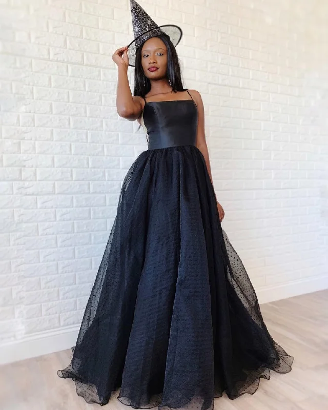 Discount Mania A-Line Dark Navy Tulle Spaghetti Straps Scoop Prom Evening Dress JKR321