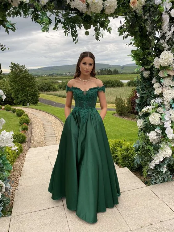 Low Prices draped dressClassic Off The Shoulder Emerald Green Satin Prom Dress,Formal Gown Y1250