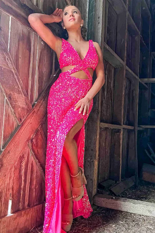 casual summer dressV-Neck Hot Pink Sequined Prom Dress with Slit Y1685