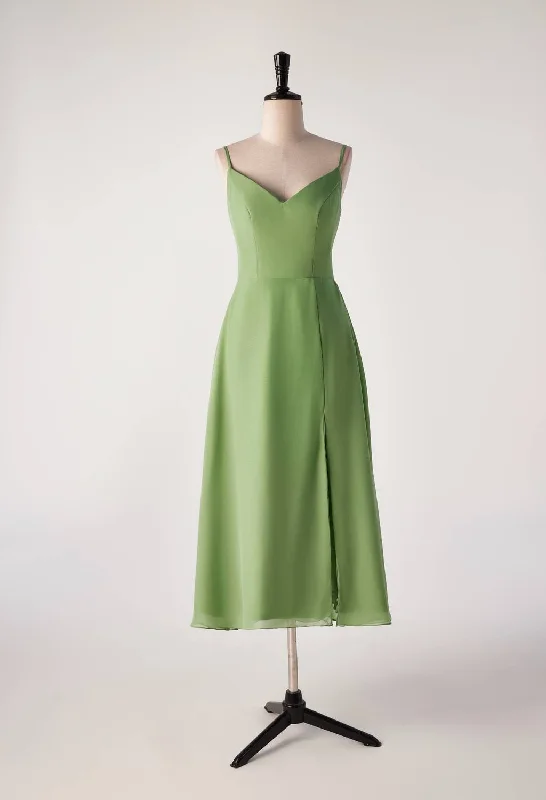 Clearance Event party dressMatcha Green Straps Tea Length Bridesmaid Dress