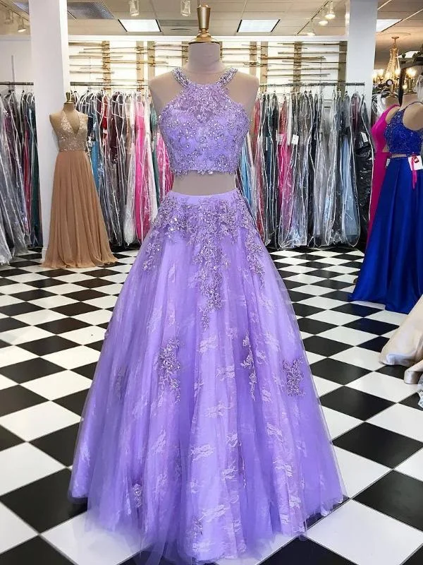 Exclusive Access Two Piece Prom Dresses Halter Aline Tulle Long Chic Lace Lilac Prom Dress JKL955