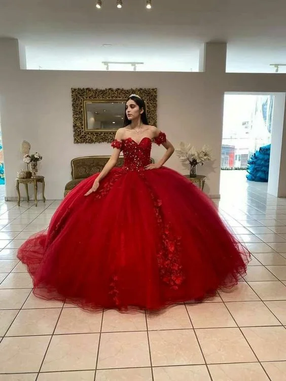 Discount Deals playful dressMost Beautiful Luxurious Red Tulle Quinceanera Dress,Sweet 15 Dress,Red Ball Gown Y1209