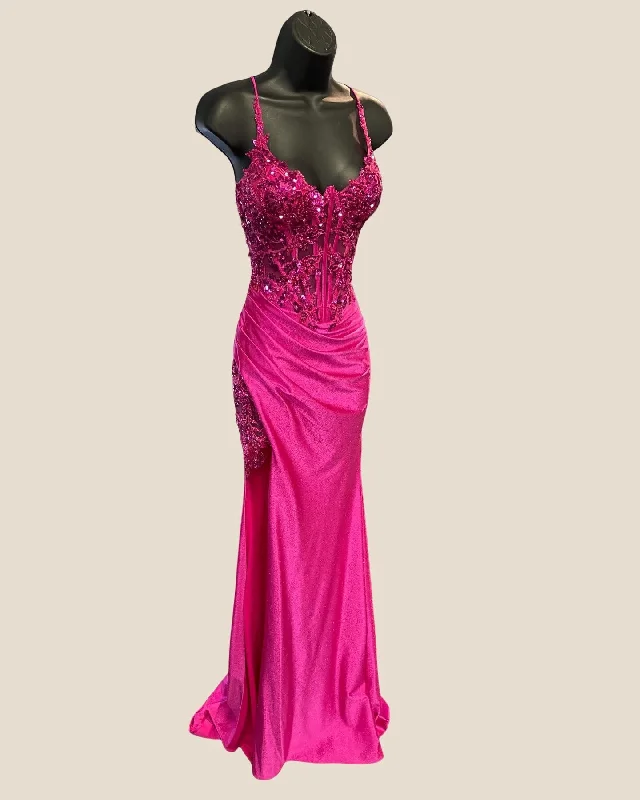 Low Prices off-shoulder dressStraps Hot Pink Sequin Appliques Mermaid Long Dress
