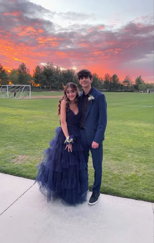 Don't Miss chic slip dressElegant A-line V Neck Tiered Tulle Prom Dress,Charming Formal Graduation Dress Y1098