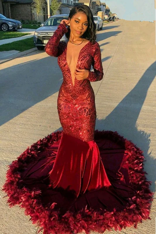 Limited Time Discount Burgundy Deep V-Neck Long Sleeve Mermaid Prom Dress With Sequins