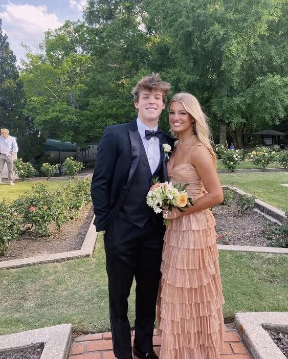 Super Bargain classic fit-and-flare dressElegant A-line Spaghetti Straps Tiered Long Prom Dress,Graduation Dress Y1358