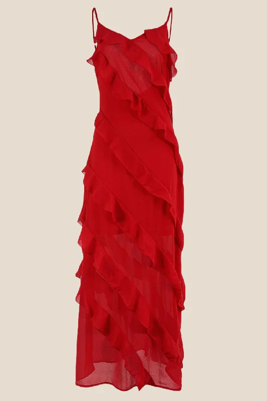 Deal Dash floral dressStraps Red Ruffle Sheath Long Dress with Slit