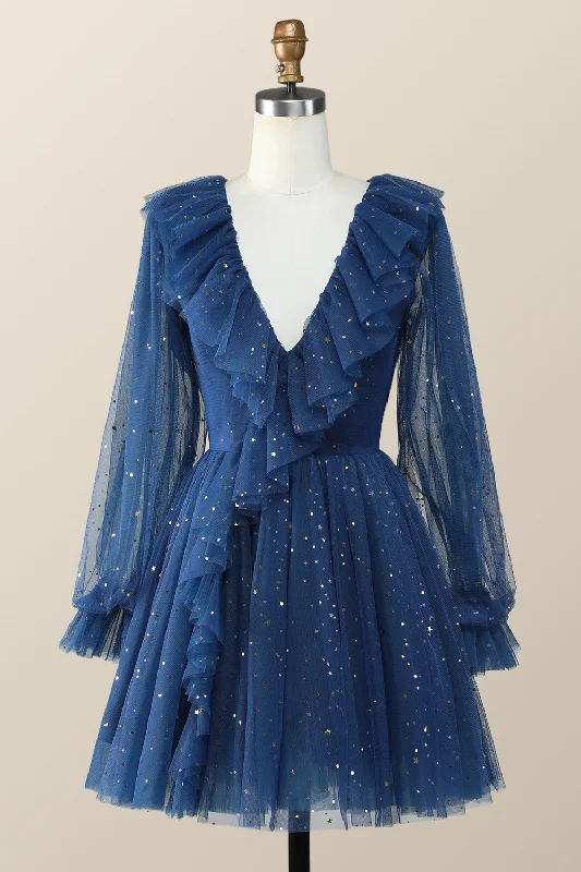 Epic Deals stylish dressNavy Blue Long Sleeves Stars and Sequins Ruffle Dress