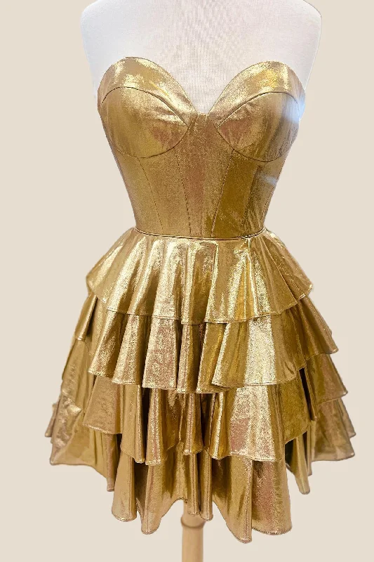 Big Savings off-the-shoulder dressSweetheart Gold Metallic Ruffles A-line Short Dress Big Savings off-the-shoulder dressSweetheart Gold Metallic Ruffles A-line Short Dress