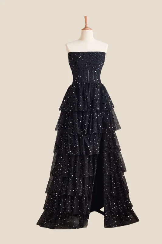 Year-End Sale printed dressStrapless Black Stars Tiered Tulle Long Dress