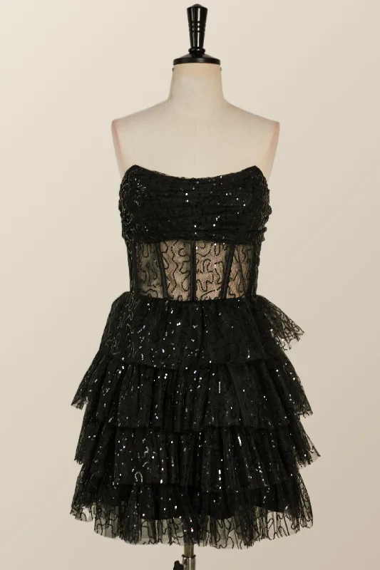 Sale Event winter dressStrapless Black Illusion Ruffles A-line Short Dress