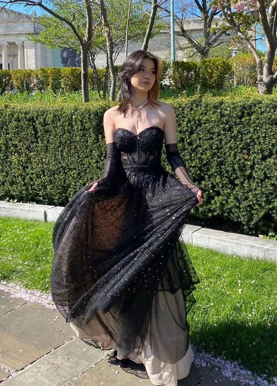 evening dressstrapless black sparkly layered prom dress,chic black prom gown Y1486