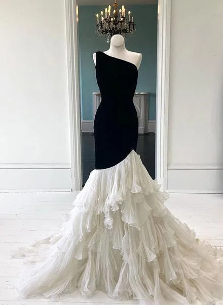 Buy Now Unique One Shoulder Sleeveless Tiered Tulle Mermaid Prom Dresses NA5007
