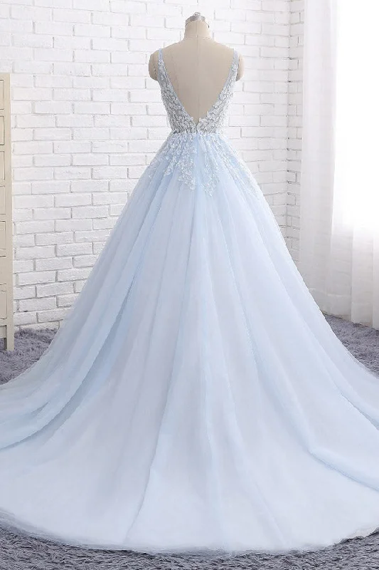 Sneak Peek Sale Ball Gown Chapel Train V Neck Sleeveless Backless Appliques Prom Dresses