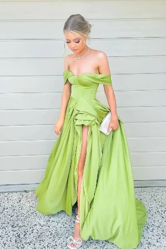 TIME-Limited Offer Simple Green Off Shoulder Satin Long Prom Dress GJS676