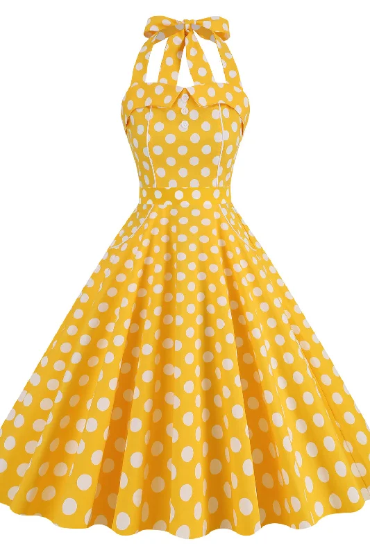 Reduced Prices romantic dressYellow Polk Dots Halter Swing Dress