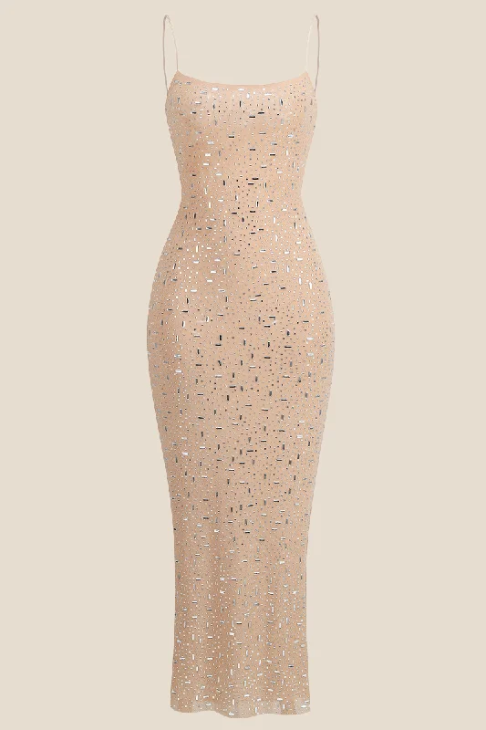 Overstock Sale vintage-inspired dressStraps Nude Sheer Long Dress With Rhinestone